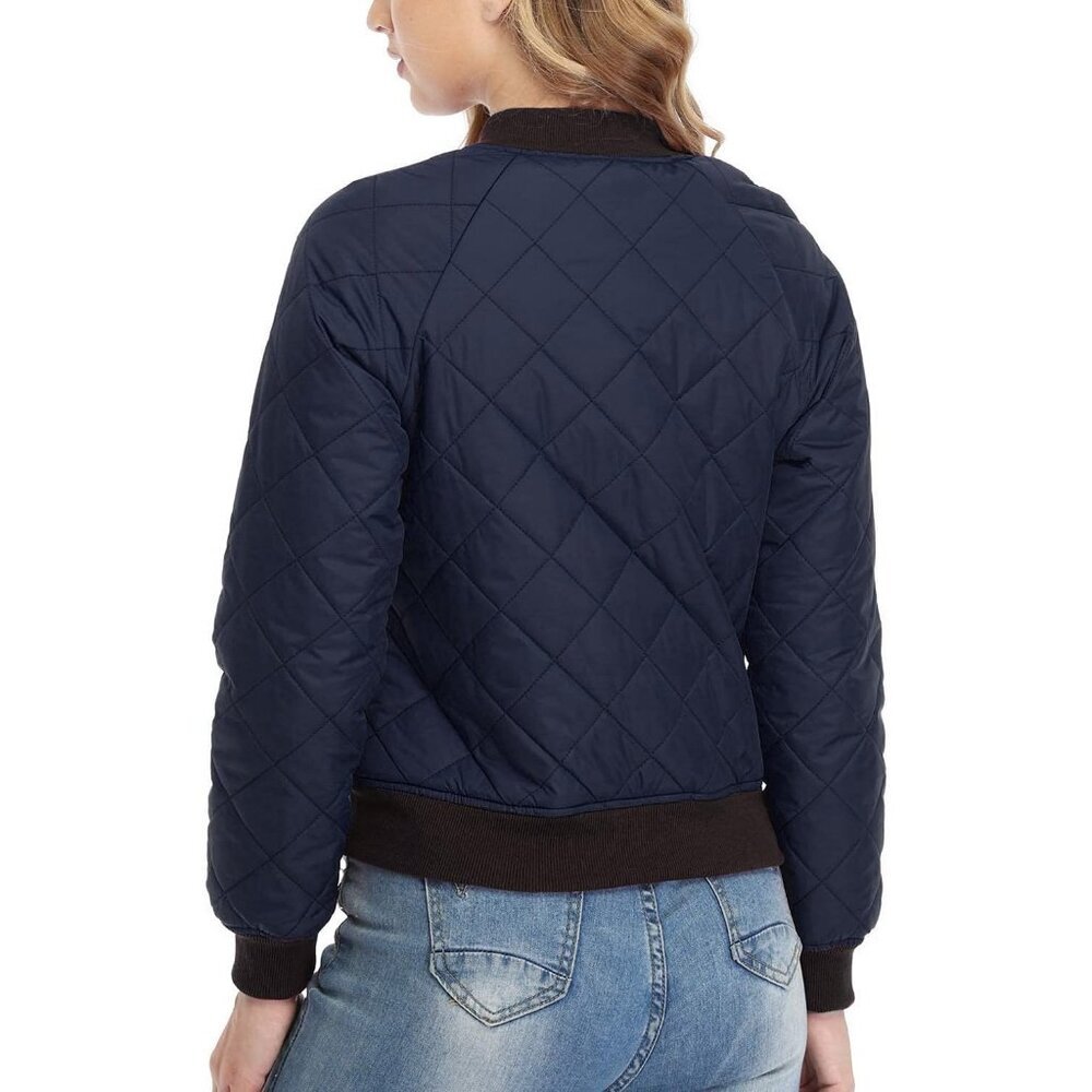 Women's Lightweight Zip Up Fashion Outerwear Dark Blue Quilted Bomber Jacket - Picture 5 of 5